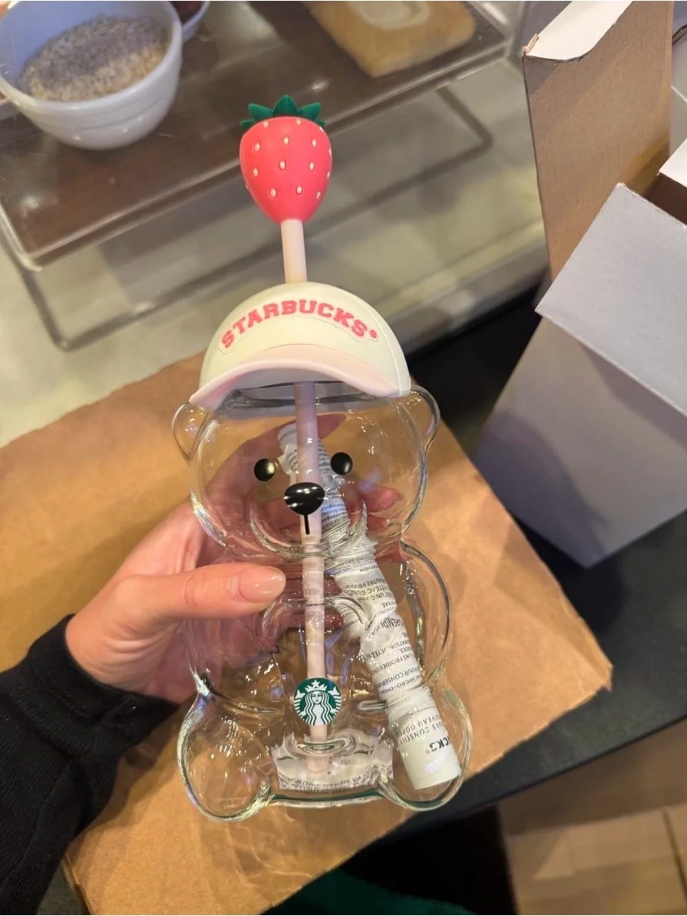 2026 Authentic Starbucks Bearista Bear Glass Pink Drink Strawberry Cup New w box